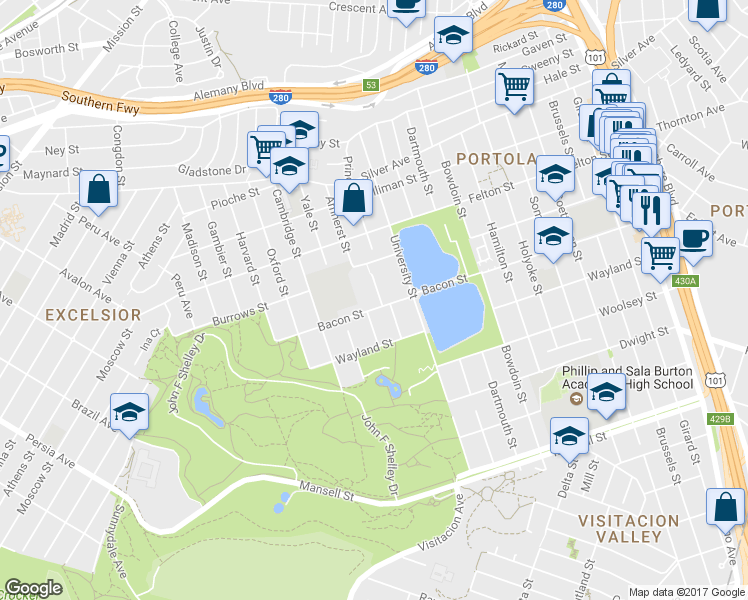 map of restaurants, bars, coffee shops, grocery stores, and more near 374 Princeton Street in San Francisco