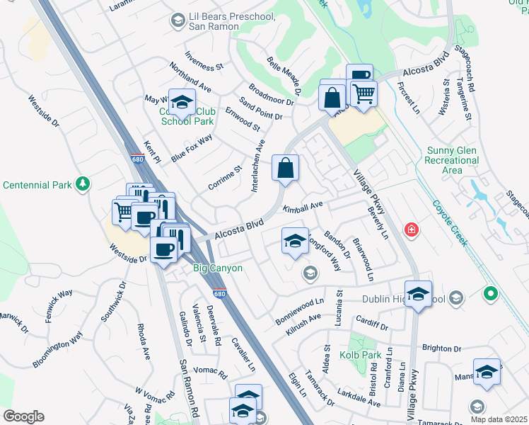 map of restaurants, bars, coffee shops, grocery stores, and more near 8985 Alcosta Boulevard in San Ramon