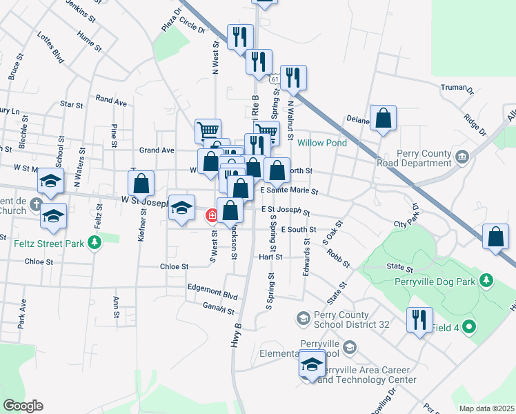 map of restaurants, bars, coffee shops, grocery stores, and more near 5 North Main Street in Perryville