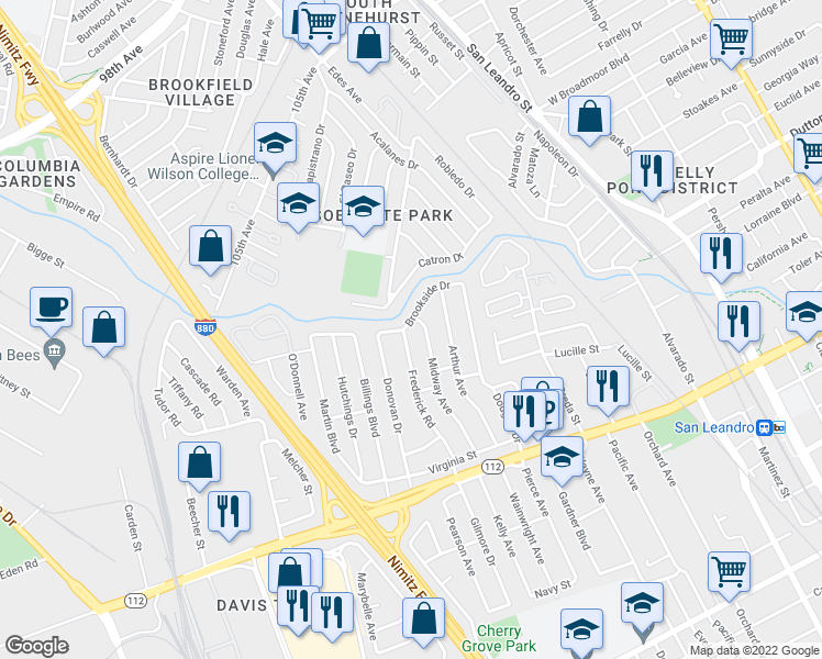map of restaurants, bars, coffee shops, grocery stores, and more near 1569 Brookside Drive in San Leandro