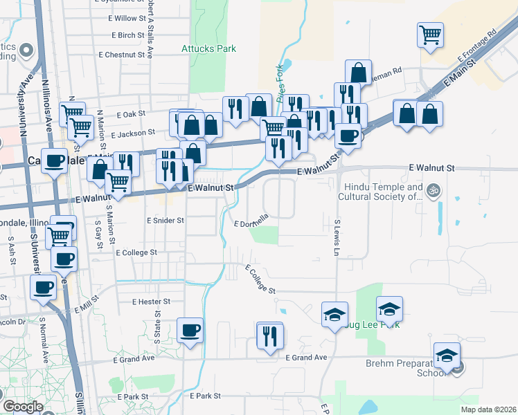 map of restaurants, bars, coffee shops, grocery stores, and more near 319 East Lynda Drive in Carbondale