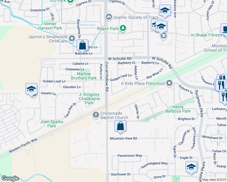 map of restaurants, bars, coffee shops, grocery stores, and more near 460 Edgewood Lane in Tracy