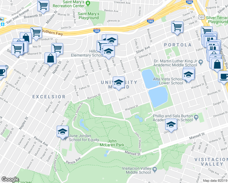 map of restaurants, bars, coffee shops, grocery stores, and more near 508 Cambridge Street in San Francisco