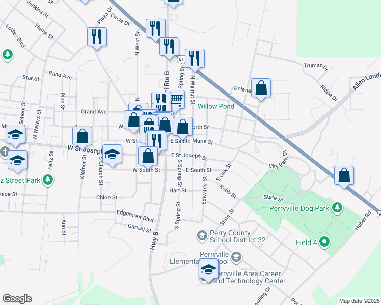 map of restaurants, bars, coffee shops, grocery stores, and more near 118 East Saint Joseph Street in Perryville