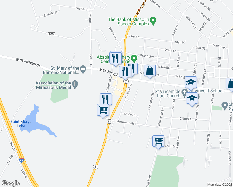 map of restaurants, bars, coffee shops, grocery stores, and more near 104 South Perryville Boulevard in Perryville