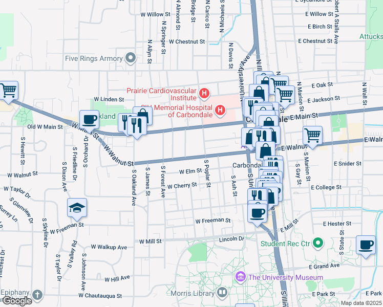 map of restaurants, bars, coffee shops, grocery stores, and more near 506 West Walnut Street in Carbondale