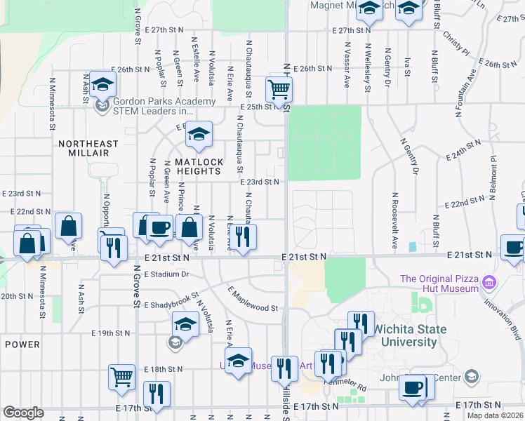 map of restaurants, bars, coffee shops, grocery stores, and more near 2313 North Lorraine in Wichita