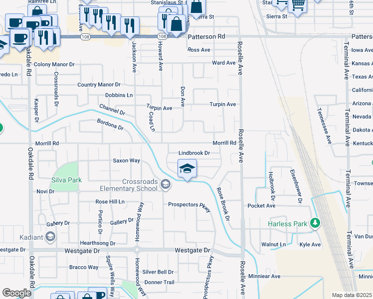 map of restaurants, bars, coffee shops, grocery stores, and more near 2749 Lindbrook Drive in Riverbank
