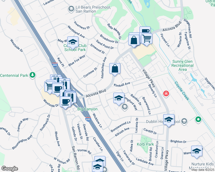 map of restaurants, bars, coffee shops, grocery stores, and more near 8998 Alcosta Boulevard in San Ramon