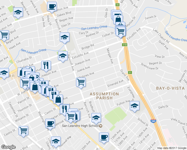 map of restaurants, bars, coffee shops, grocery stores, and more near 757 Dolores Avenue in San Leandro