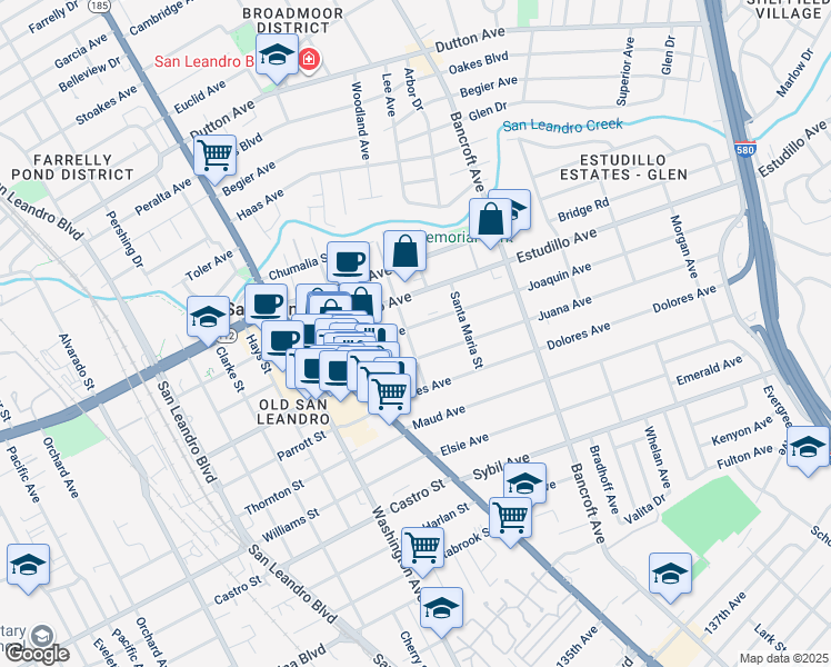 map of restaurants, bars, coffee shops, grocery stores, and more near 431 Joaquin Avenue in San Leandro