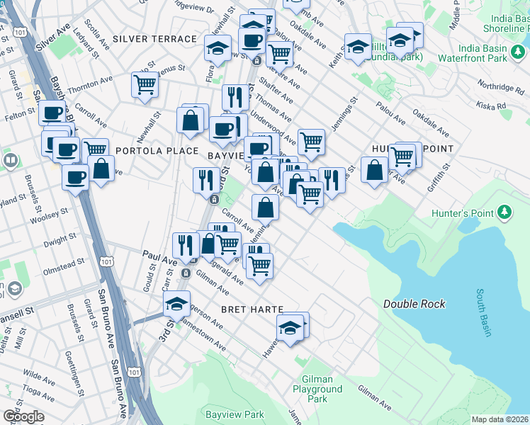 map of restaurants, bars, coffee shops, grocery stores, and more near 1508 Bancroft Ave in San Francisco