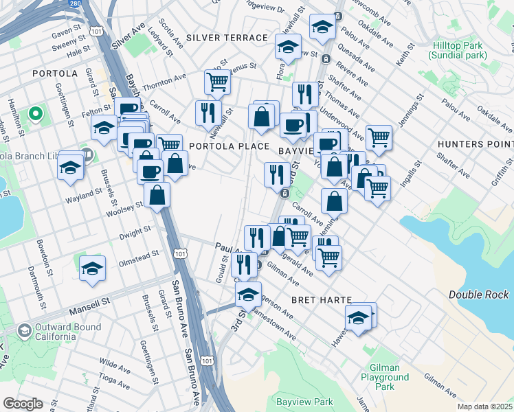 map of restaurants, bars, coffee shops, grocery stores, and more near 5912 3rd Street in San Francisco