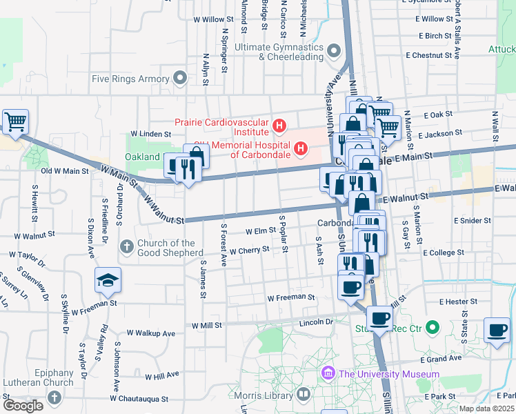 map of restaurants, bars, coffee shops, grocery stores, and more near 506 West Walnut Street in Carbondale