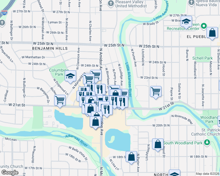 map of restaurants, bars, coffee shops, grocery stores, and more near 2410 Riverlawn in Wichita
