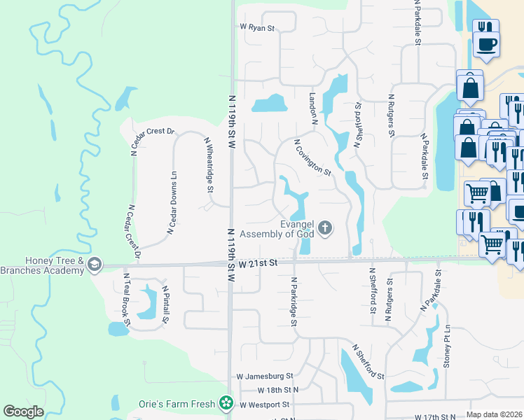 map of restaurants, bars, coffee shops, grocery stores, and more near 2341 North Parkridge Court in Wichita
