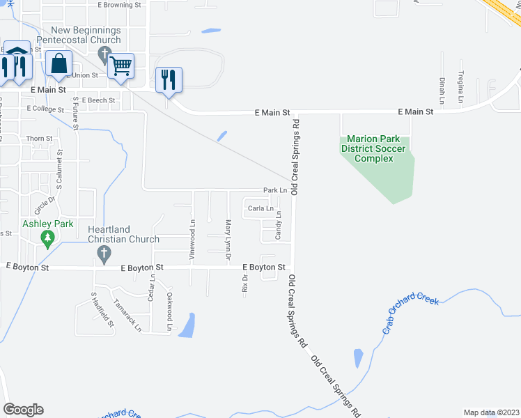 map of restaurants, bars, coffee shops, grocery stores, and more near 1913 Carla Lane in Marion