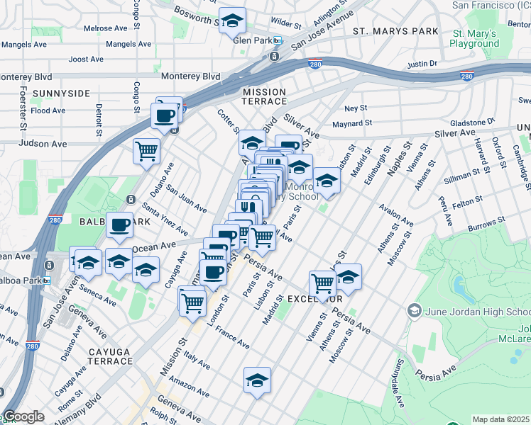 map of restaurants, bars, coffee shops, grocery stores, and more near 4581 Mission Street in San Francisco