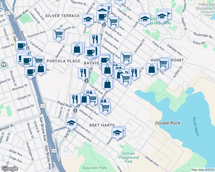 map of restaurants, bars, coffee shops, grocery stores, and more near 1508 Bancroft Avenue in San Francisco