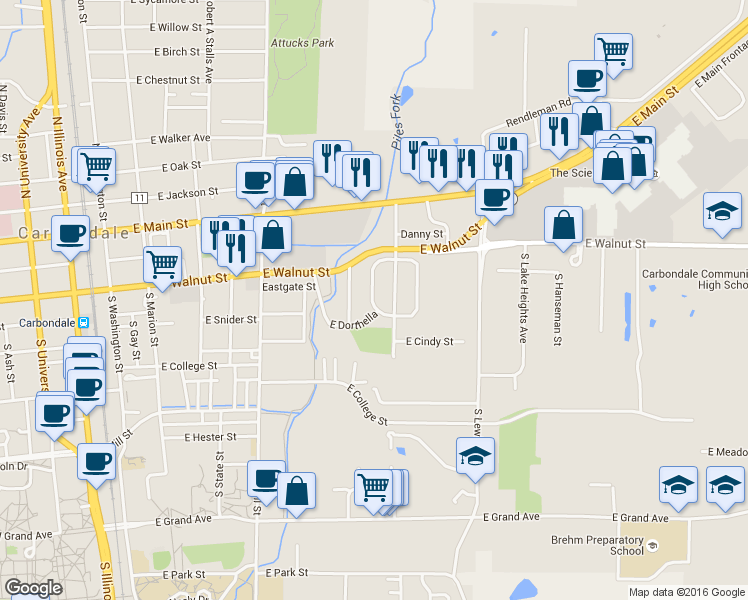map of restaurants, bars, coffee shops, grocery stores, and more near 319 East Lynda Drive in Carbondale