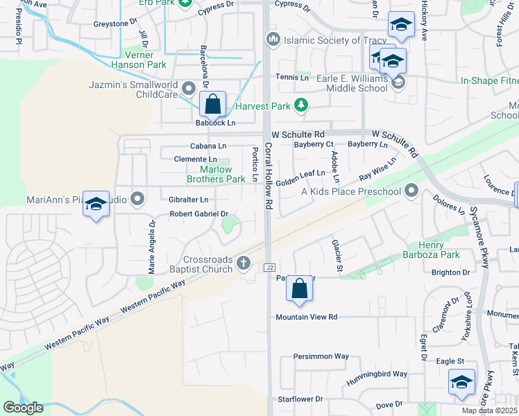map of restaurants, bars, coffee shops, grocery stores, and more near 527 Corral Hollow Road in Tracy