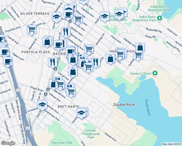 map of restaurants, bars, coffee shops, grocery stores, and more near 2240 Ingalls Street in San Francisco