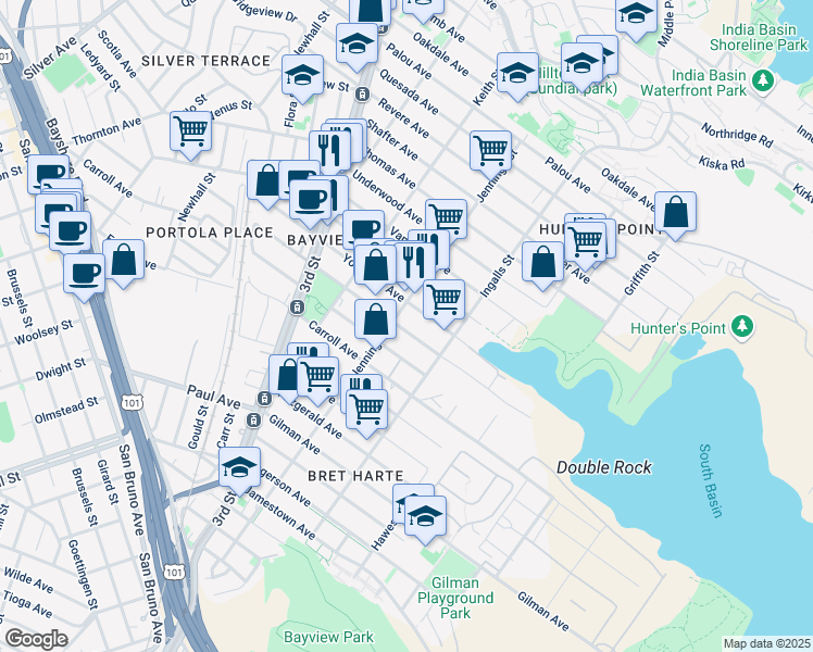 map of restaurants, bars, coffee shops, grocery stores, and more near 1462 Armstrong Avenue in San Francisco