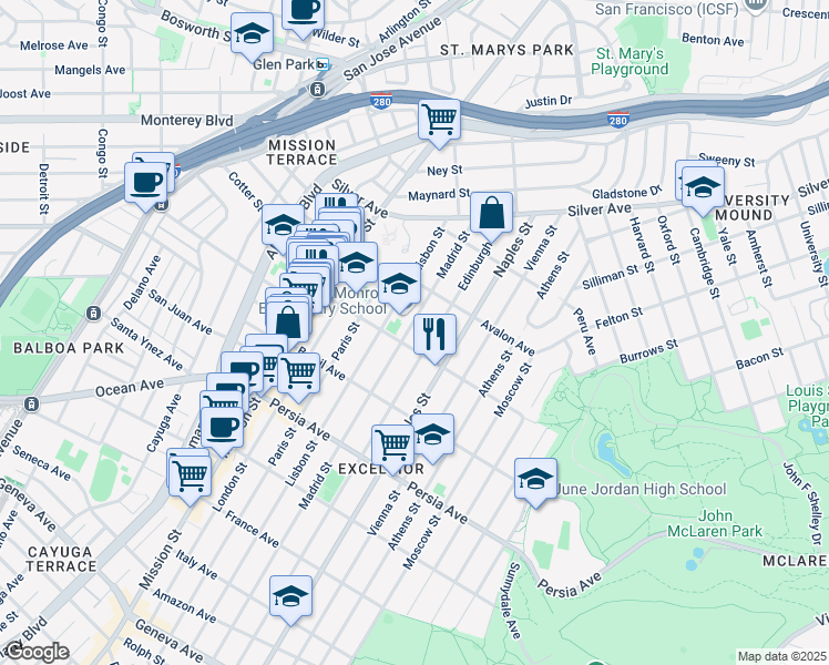 map of restaurants, bars, coffee shops, grocery stores, and more near 275 Madrid Street in San Francisco