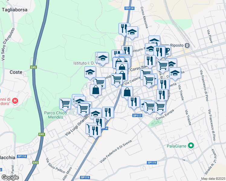 map of restaurants, bars, coffee shops, grocery stores, and more near 51 Via Luigi Pirandello in Giarre