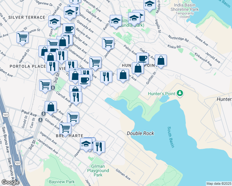 map of restaurants, bars, coffee shops, grocery stores, and more near 1225 Van Dyke Avenue in San Francisco
