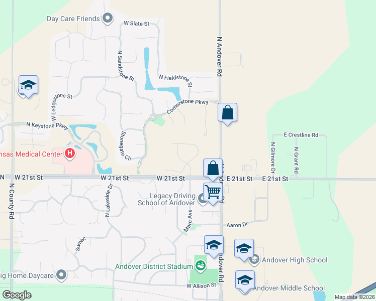 map of restaurants, bars, coffee shops, grocery stores, and more near 2257 North Andover Road in Andover