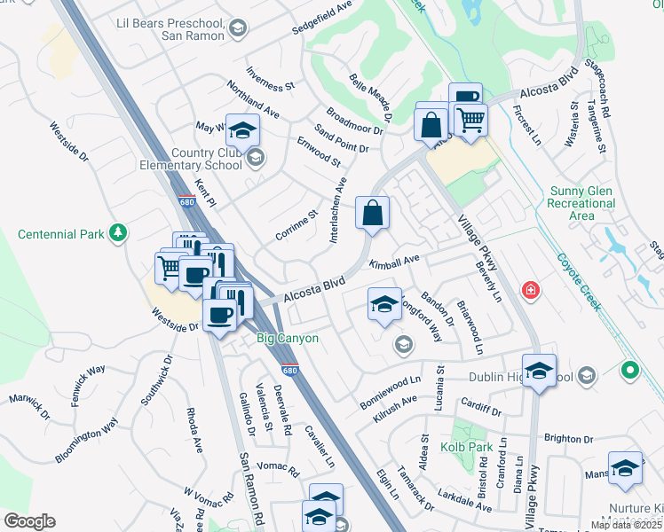 map of restaurants, bars, coffee shops, grocery stores, and more near 8975 Alcosta Boulevard in San Ramon