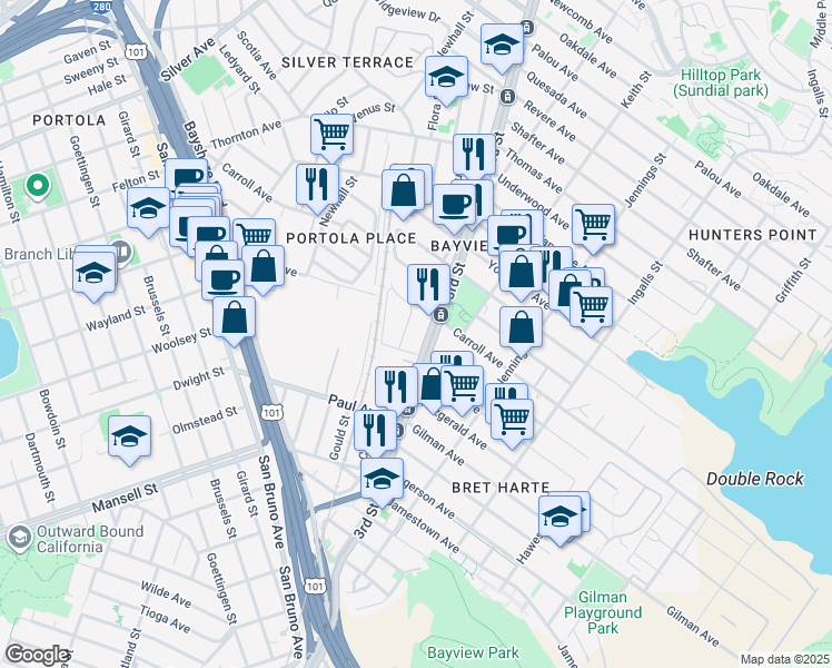 map of restaurants, bars, coffee shops, grocery stores, and more near 5800 3rd Street in San Francisco