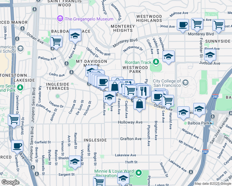map of restaurants, bars, coffee shops, grocery stores, and more near 609 Faxon Avenue in San Francisco