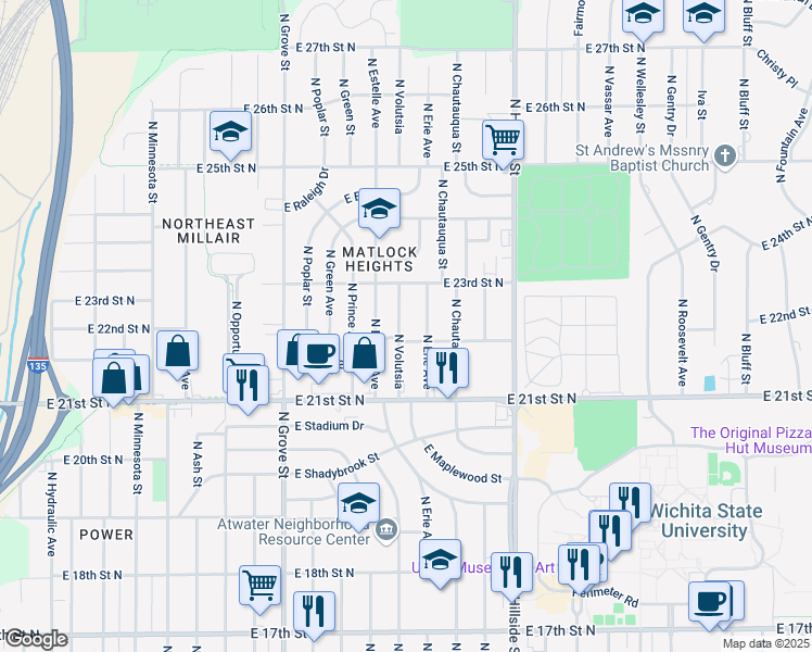 map of restaurants, bars, coffee shops, grocery stores, and more near 2314 South Volutsia in Wichita