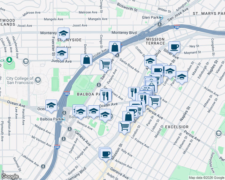 map of restaurants, bars, coffee shops, grocery stores, and more near 114 Santa Ynez Avenue in San Francisco