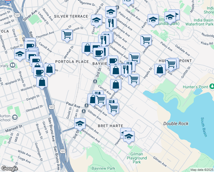 map of restaurants, bars, coffee shops, grocery stores, and more near 1575 Bancroft Avenue in San Francisco