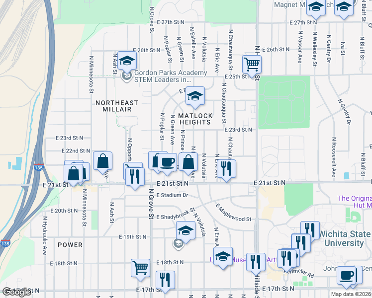 map of restaurants, bars, coffee shops, grocery stores, and more near 2320 North Prince Street in Wichita