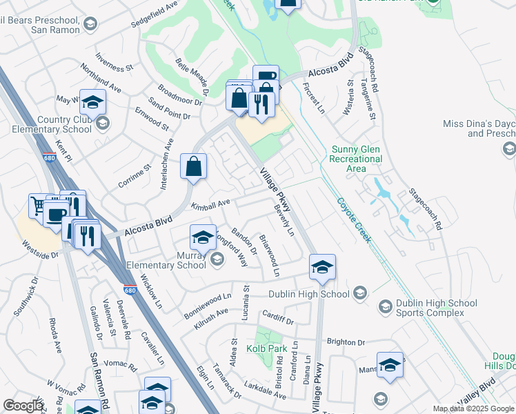 map of restaurants, bars, coffee shops, grocery stores, and more near 8640 Beverly Lane in Dublin