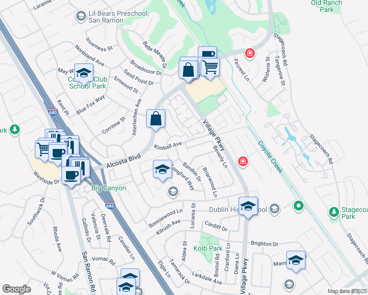 map of restaurants, bars, coffee shops, grocery stores, and more near 8672 Beverly Lane in Dublin