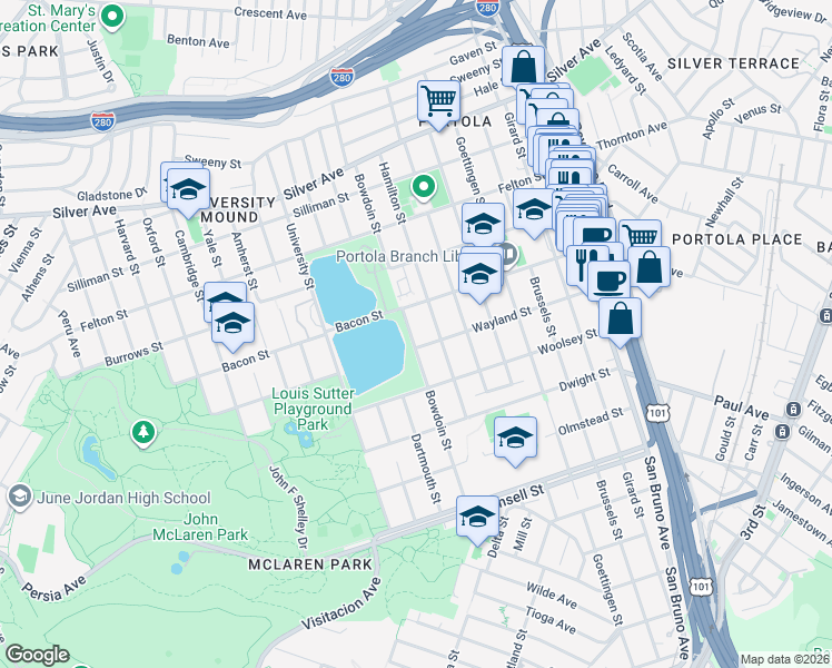 map of restaurants, bars, coffee shops, grocery stores, and more near 869 Bowdoin Street in San Francisco