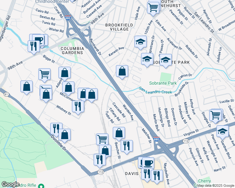 map of restaurants, bars, coffee shops, grocery stores, and more near 405 Warden Avenue in San Leandro
