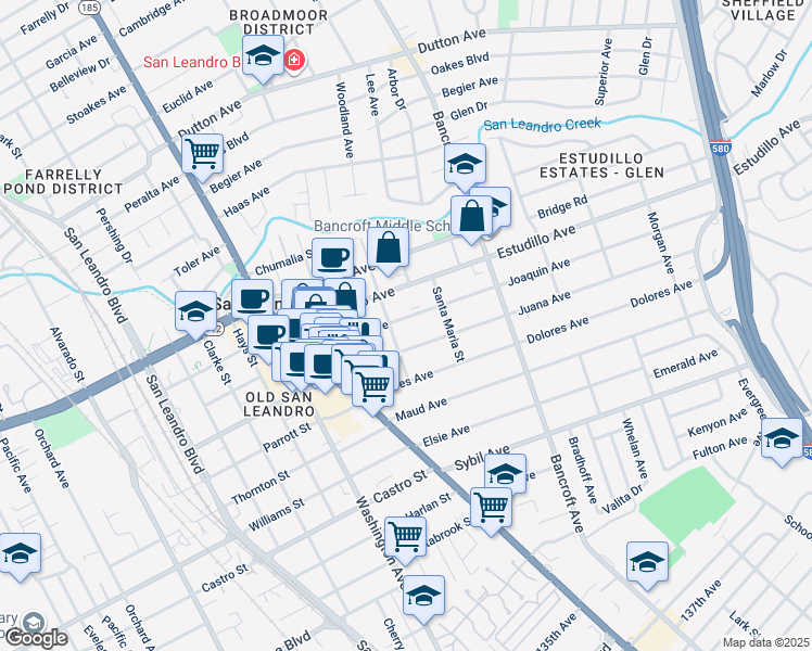 map of restaurants, bars, coffee shops, grocery stores, and more near 431 Joaquin Avenue in San Leandro
