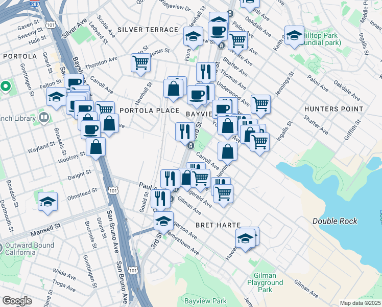 map of restaurants, bars, coffee shops, grocery stores, and more near 1625 Carroll Avenue in San Francisco