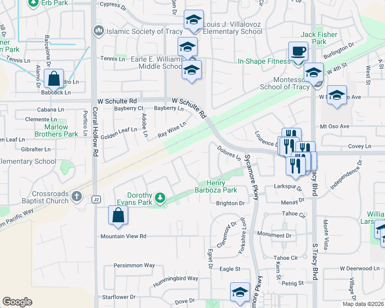 map of restaurants, bars, coffee shops, grocery stores, and more near 1537 Parkside Court in Tracy