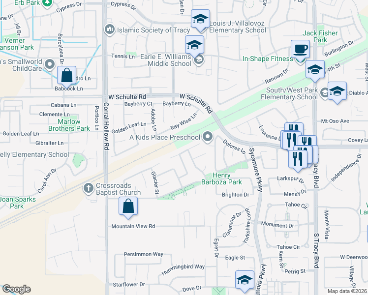map of restaurants, bars, coffee shops, grocery stores, and more near 1591 Spring Court in Tracy