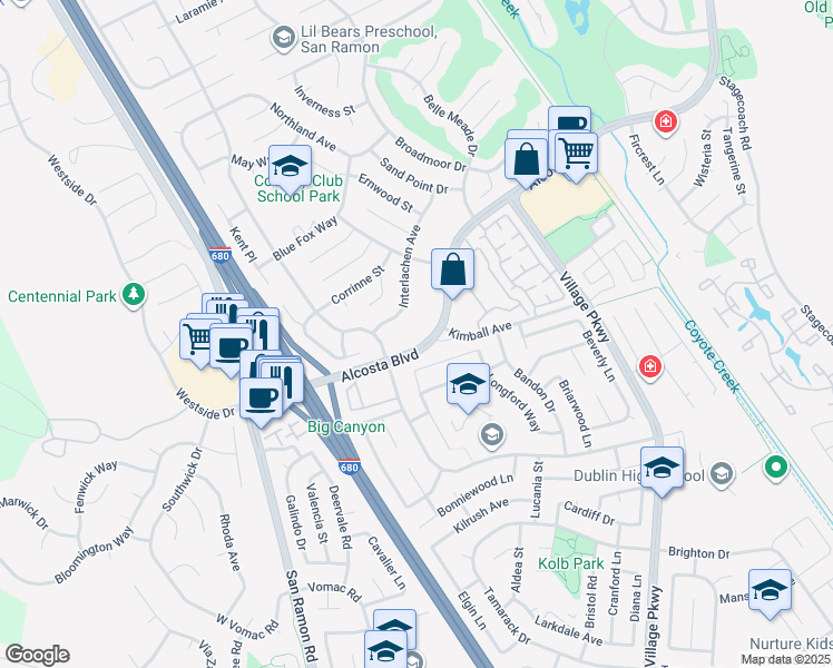 map of restaurants, bars, coffee shops, grocery stores, and more near 122 Alcosta Boulevard in San Ramon