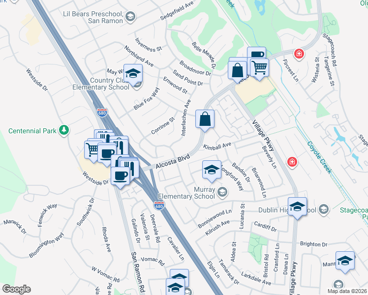 map of restaurants, bars, coffee shops, grocery stores, and more near 122 Alcosta Boulevard in San Ramon