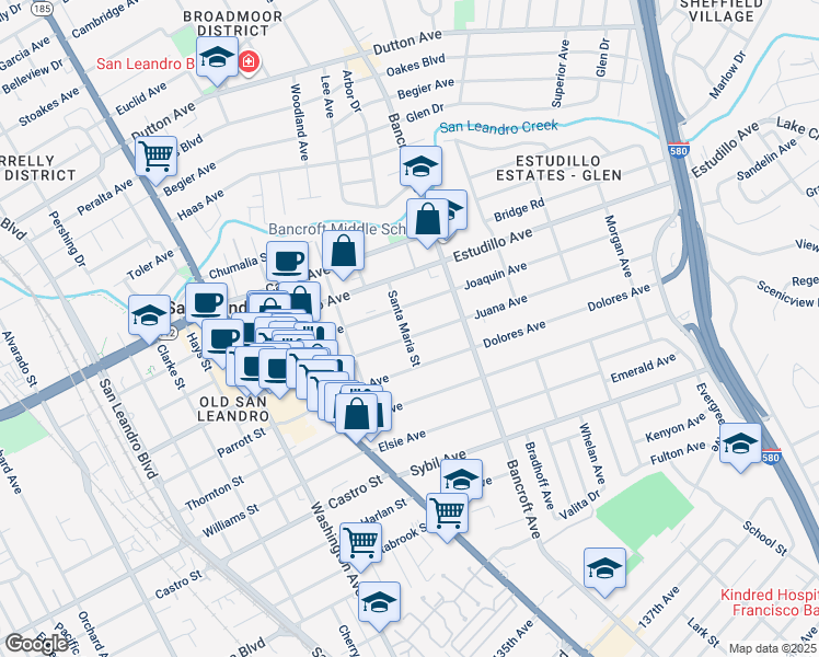 map of restaurants, bars, coffee shops, grocery stores, and more near 494 Juana Avenue in San Leandro