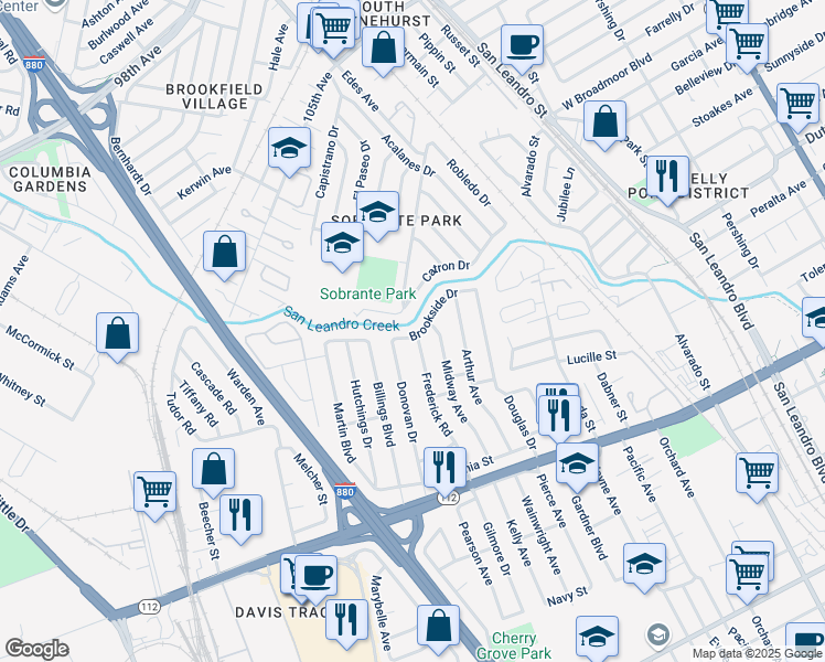 map of restaurants, bars, coffee shops, grocery stores, and more near 1569 Brookside Drive in San Leandro